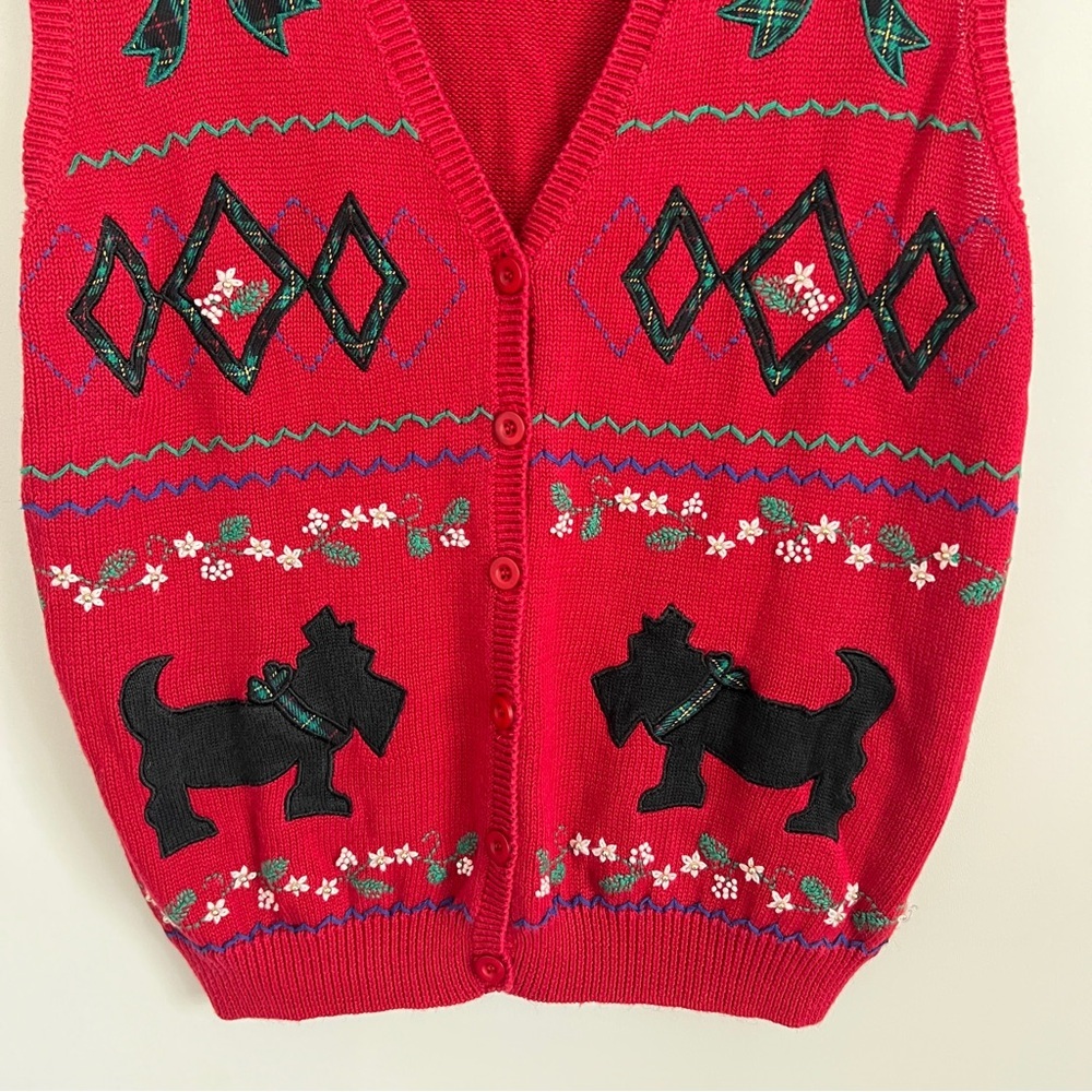 Vintage 90s Alfred Dunner Christmas Sweater Vest Scottie Dog Red Knit Size M - Picture 3 of 6